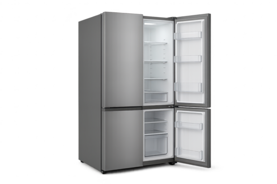 Modern grey refrigerator with open doors isolated on transparent background