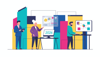 Professional business team analyzing financial data and planning for the year 2026