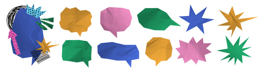 Naklejka na ściany i meble Colorful crumpled paper comic speech bubbles and stars shapes. Retro comic torn paper cutouts collage design. Business communication concept.