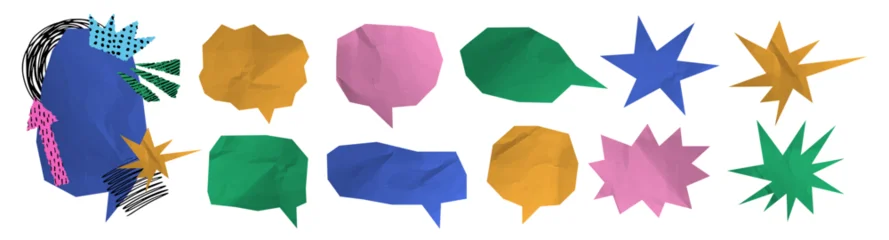 Fotobehang Pop Art Colorful crumpled paper comic speech bubbles and stars shapes. Retro comic torn paper cutouts collage design. Business communication concept.  © Nastya