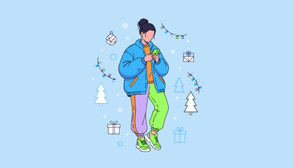 Stylish woman texting on phone in a colorful winter scene with holiday decorations and gifts