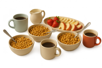 Breakfast arrangement isolated on transparent background, cereals and fruits