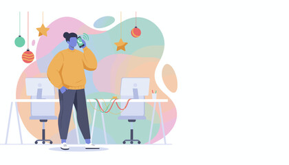 Employee talking on a smartphone in a festive modern office setting Communication and remote work