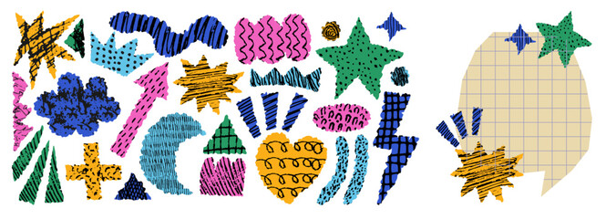 Set of cut out paper elements. Collage scrapbook stickers with crayon drawn doodles and patterns. Colorful elements