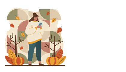 Woman using phone in autumn scene with pumpkins and foliage Digital lifestyle concept