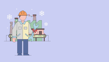 Factory worker with wrench gift in front of a Christmas decorated industrial plant