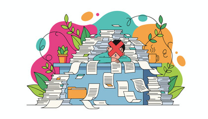 Overwhelmed office worker buried in documents suffering stress and burnout from excessive workload