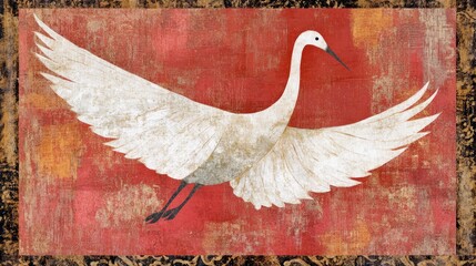 Obraz premium A white crane with outstretched wings is depicted against a textured red background.