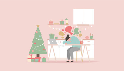 Holiday burnout Woman exhausted working at home amidst Christmas decorations