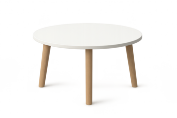 Modern round white table with wooden legs isolated on transparent background