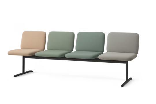 Four waiting room chairs on a transparent background, isolated seating area