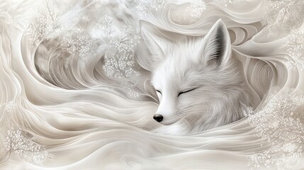 Obraz premium A beautiful white fox is sleeping peacefully in a soft, dreamy winter landscape. The image evokes a sense of calm and tranquility.
