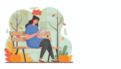 Woman using tablet on a park bench in autumn Seasonal digital communication and leisure illustration