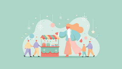 Festive winter market shopping illustration People buying gifts and enjoying the holiday season