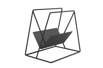 Modern black metal magazine rack, isolated on transparent background, studio shot