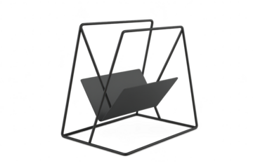 Modern black metal magazine rack, isolated on transparent background, studio shot