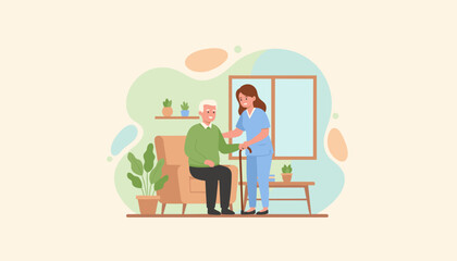 Smiling caregiver helps senior man with cane at home Elderly care support service