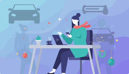 Digital nomad working on laptop during winter holidays surrounded by automotive and festive elements