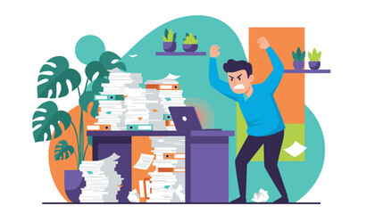 Overworked businessman stressed by endless piles of office documents and tasks