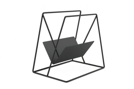 Modern black metal magazine rack, isolated on transparent background, studio shot