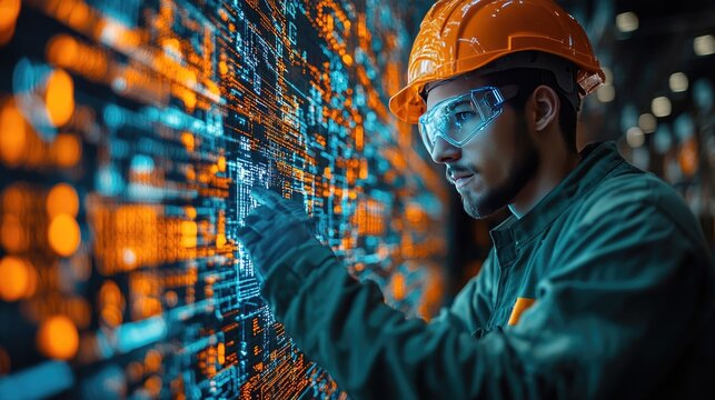 A technician performing maintenance troubleshooting on industrial equipment. digital overlays indicating diagnostics and repair steps