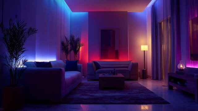 Medium shot of a sleek panel changing smart lighting colors from cool blue to vibrant red enhancing room mood dynamically.