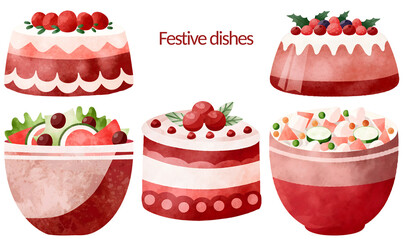 Festive dishes with cakes and salads for holiday celebrations in watercolor style