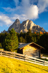 Sass de Putia at sunset in Erbe Pass, Trentino Alto Adige, Italy.