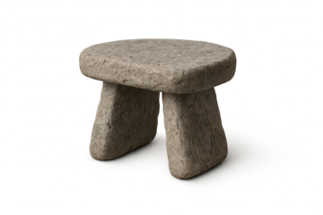Stone stool isolated on transparent background, rustic, three-legged design