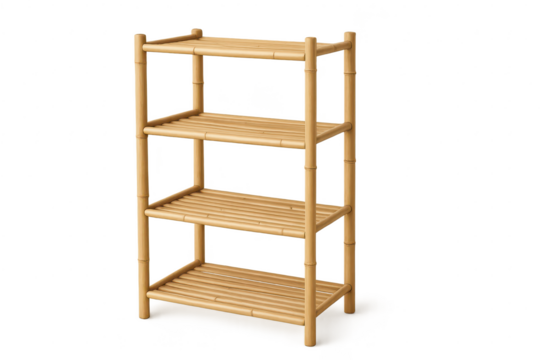 Bamboo shelf isolated on transparent background, four tier, lightweight design