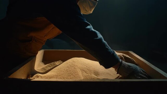 Medium shot of a worker smoothing sand in a casting mold frame focusing on detailed texture and sand pattern consistency for precision in mold preparation.