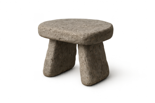 Stone stool isolated on transparent background, rustic, three-legged design
