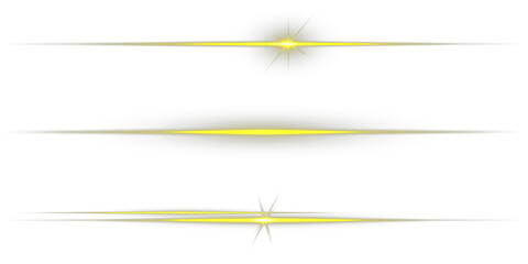 Glowing gold line, horizontal light rays, flash. Horizontal Rays of yellow light on transparent...