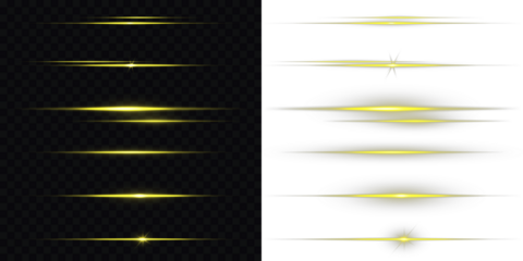 Glowing horizontal gold light line with radiant shine and beam effect. Glowing long line. Horizontal Rays of yellow light on transparent background. Glowing gold line, horizontal light rays, flash.