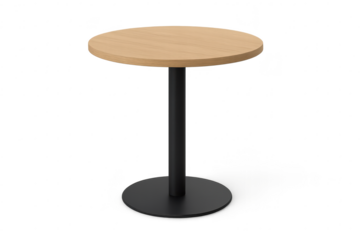 Stylish round wooden table with black base isolated on transparent background