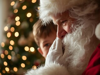 Santa Christmas Holiday share secret by glowing tree