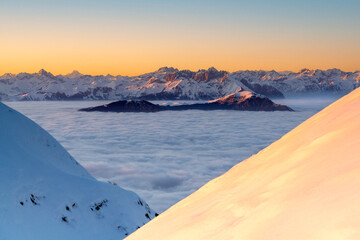 Monte Guglielmo at Sunset in winter season, Brescia province in Lombardy district, Italy.
