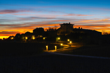 Sunset in Franciacorta in winter season, Brescia province il Lombardy district, Italy.