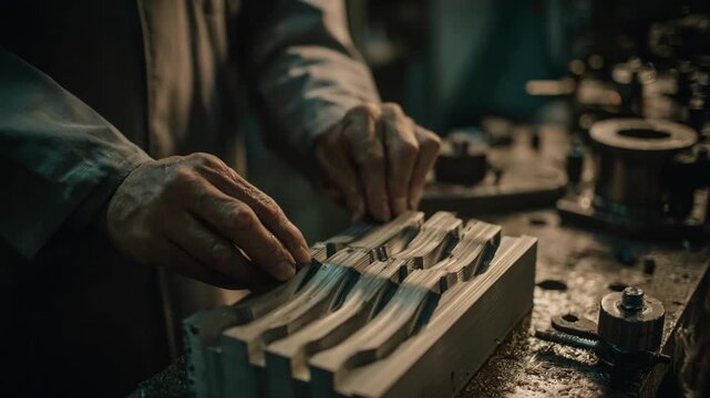 Medium shot of an artisan shaping a durable plastic pattern with precision tools for accurate metal casting mold production.