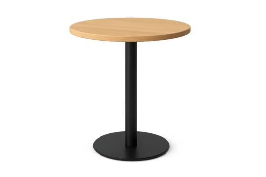 Modern round wooden high bar table with black base, isolated on transparent background