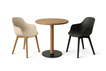 Modern cafe table and two chairs set, isolated on transparent background.