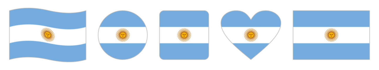 Fototapeta premium Set of five Argentine flag vector icons featuring wavy banner, circular badge, rounded square emblem, heart-shaped design and rectangular flag illustrating national colors and sun symbol