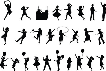 Children silhouette cartoon vector set, playful activity icons, swinging, jumping, dancing, balloons, hula hoops, flat illustration, side view, youth concept