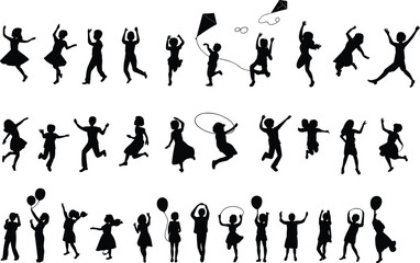 Children silhouette cartoon vector set, playful activity icons, dancing, jumping, running, flying kites, flat illustration, side view, youth concept