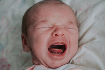 Little two month old newborn baby boy is crying. Screaming hungry infant face portrait close up. Baby experiences pain during colic in the abdomen