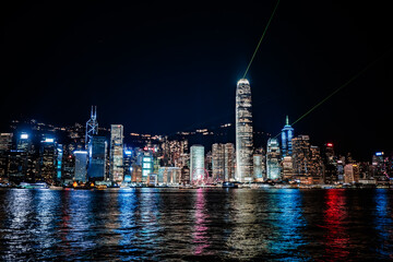 Scenic, awesome view of Victoria Harbour and Hong Kong's fantastic skyline with its impressive skyscrapers illuminated at night, Hong Kong, China