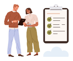 Two coworkers collaborate while reviewing tasks on a tablet beside a large checklist clipboard. Ideal for teamwork, planning, productivity, communication, goal setting, collaboration