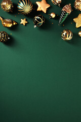 Naklejka premium Luxury Christmas vertical background with gold and green ornaments, baubles, stars, pine cones on dark green table. Art deco style poster design.