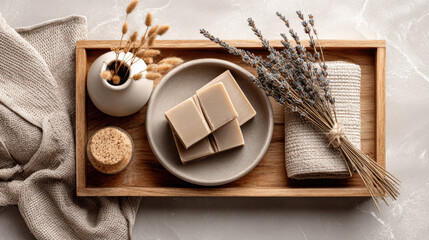 Spa day arrangement with natural soap, lavender, and decorative elements. This image showcases a serene spa-like arrangement, perfect for relaxation and wellness themes