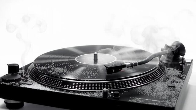 Vinyl record player with frosty textures on the turntable and arm, surrounded by a dramatic smoke effect. Minimalist white background enhances the contrast and mood.